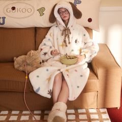 Gukoo/果壳睡袍女冬季轰轰小狗新款满印可爱薄绒女士家居服睡袍