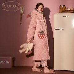 Gukoo/果壳睡袍女冬款加厚女士睡衣粉色家居服女夹棉睡袍睡衣