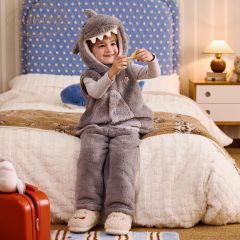 Gukoo/果壳儿童睡衣冬季毛绒保暖新款可爱小鲨鱼男童家居服套装