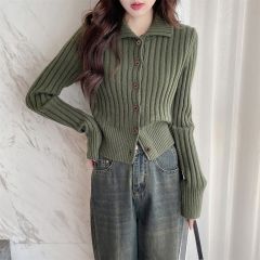 唐狮秋冬季显瘦翻领小开衫女针织外套春秋高级感时尚显瘦上衣女